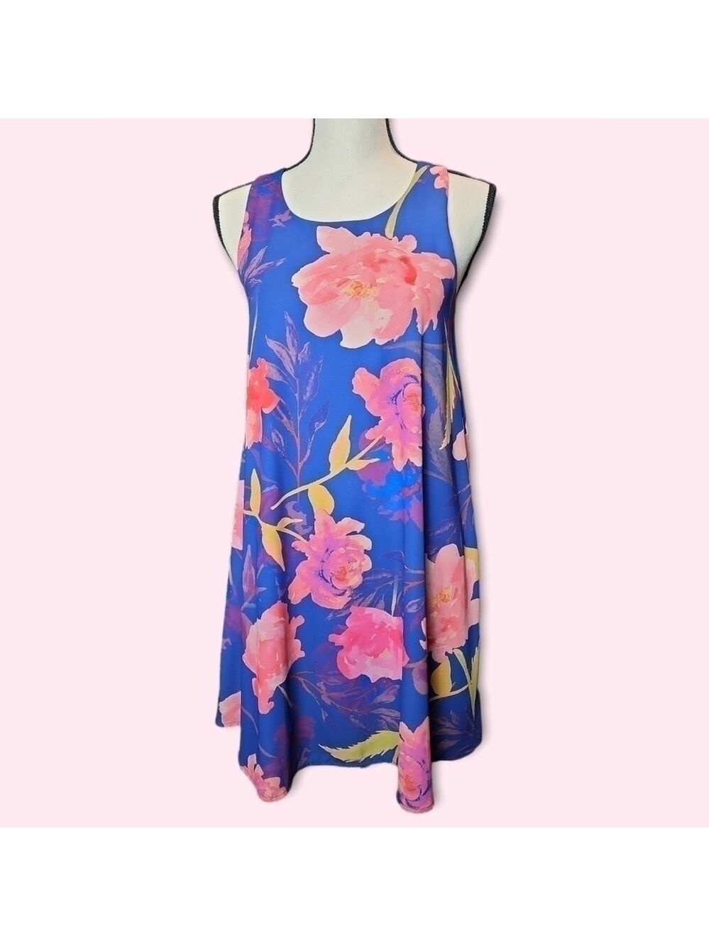 Blue & Pink Floral Print Lightweight Flowy Sleeveless Mini Dress Size Small